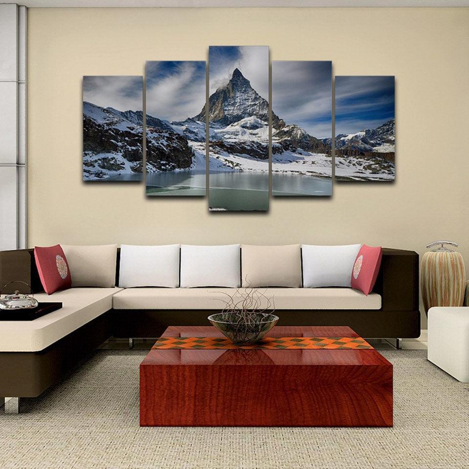 Zermatt Snow Mountain 5 Piece HD Multi Panel Canvas Wall Art Frame-Original Frame