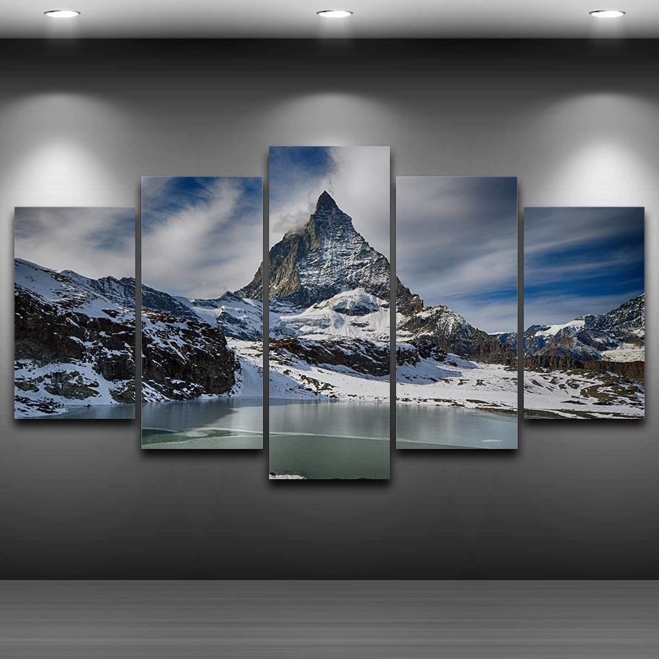 Zermatt Snow Mountain 5 Piece HD Multi Panel Canvas Wall Art Frame-Original Frame