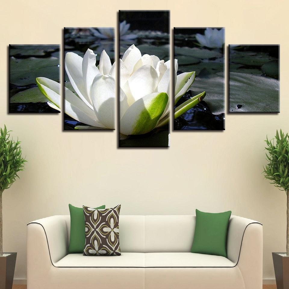 White Lotus 5 Piece HD Multi Panel Canvas Wall Art Frame-Original Frame