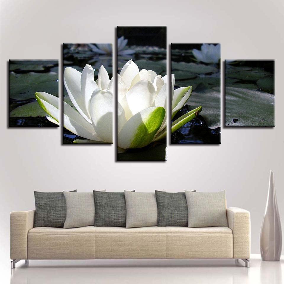 White Lotus 5 Piece HD Multi Panel Canvas Wall Art Frame-Original Frame