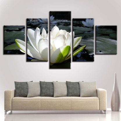 White Lotus 5 Piece HD Multi Panel Canvas Wall Art Frame-Original Frame