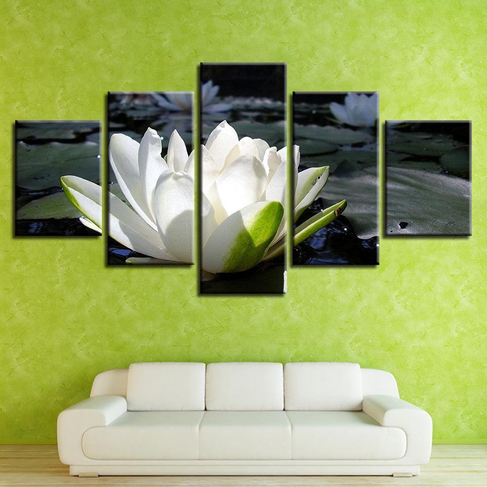 White Lotus 5 Piece HD Multi Panel Canvas Wall Art Frame-Original Frame