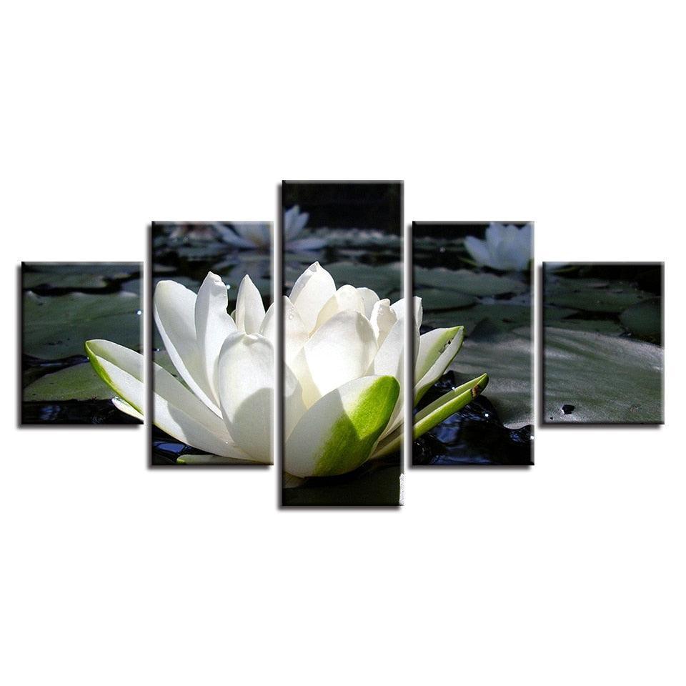 White Lotus 5 Piece HD Multi Panel Canvas Wall Art Frame-Original Frame