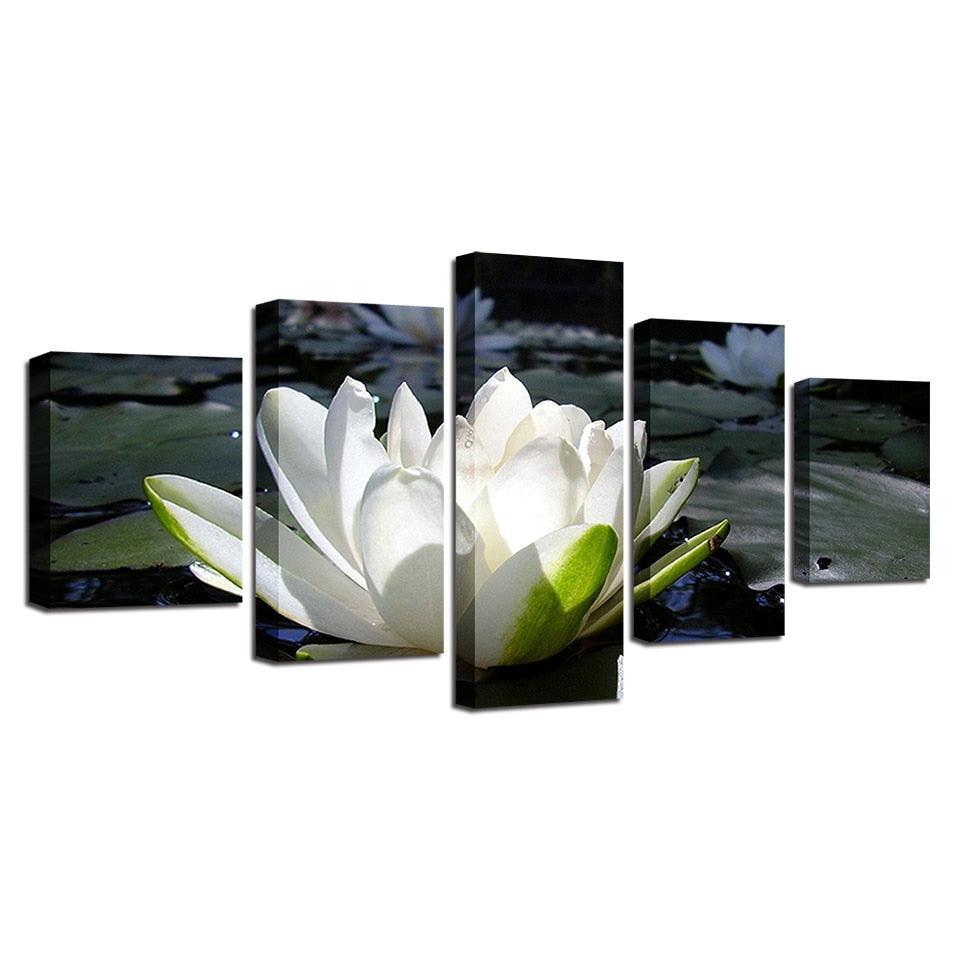 White Lotus 5 Piece HD Multi Panel Canvas Wall Art Frame-Original Frame