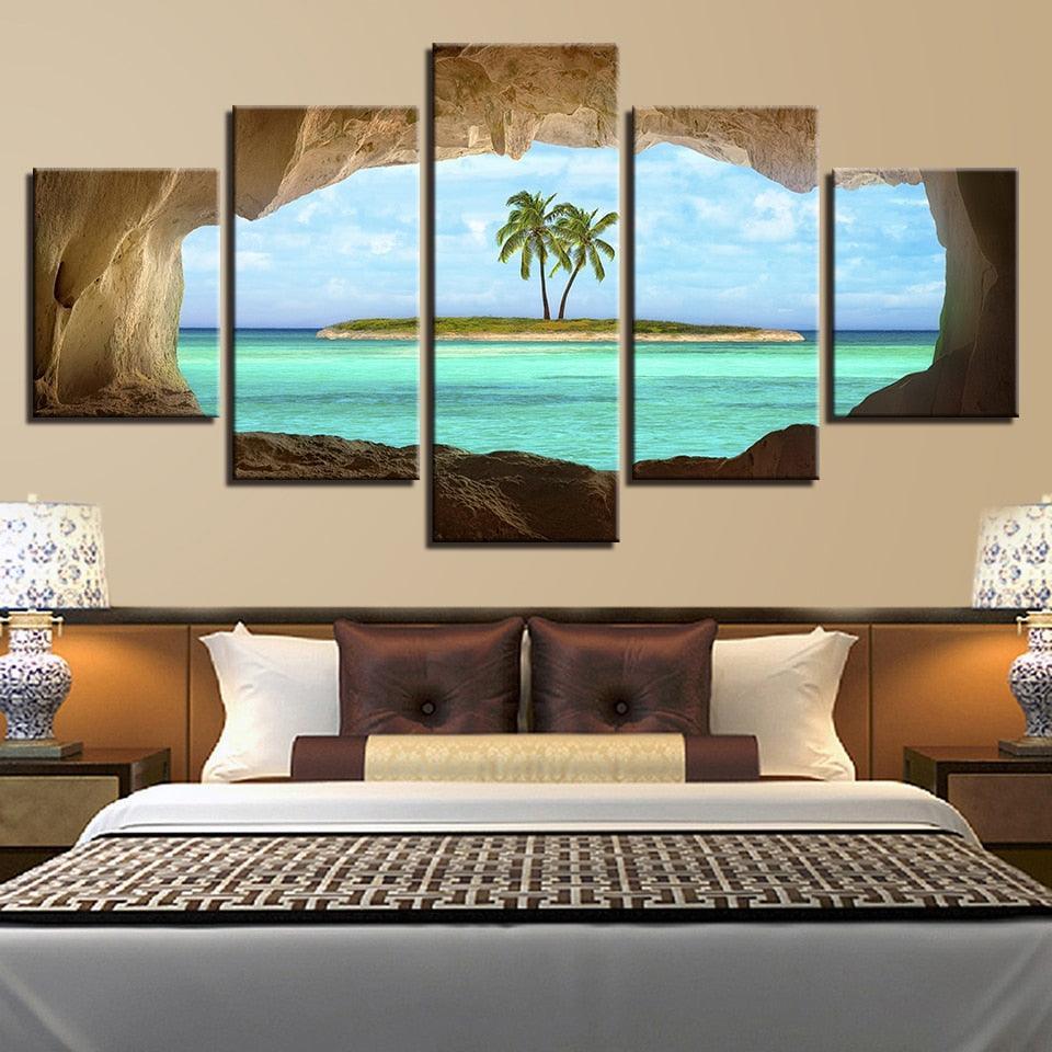 Cave View of Island 5 Piece HD Multi Panel Canvas Wall Art Frame-Original Frame