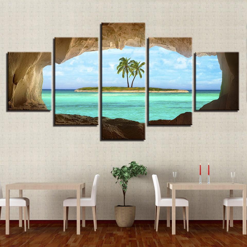 Cave View of Island 5 Piece HD Multi Panel Canvas Wall Art Frame-Original Frame