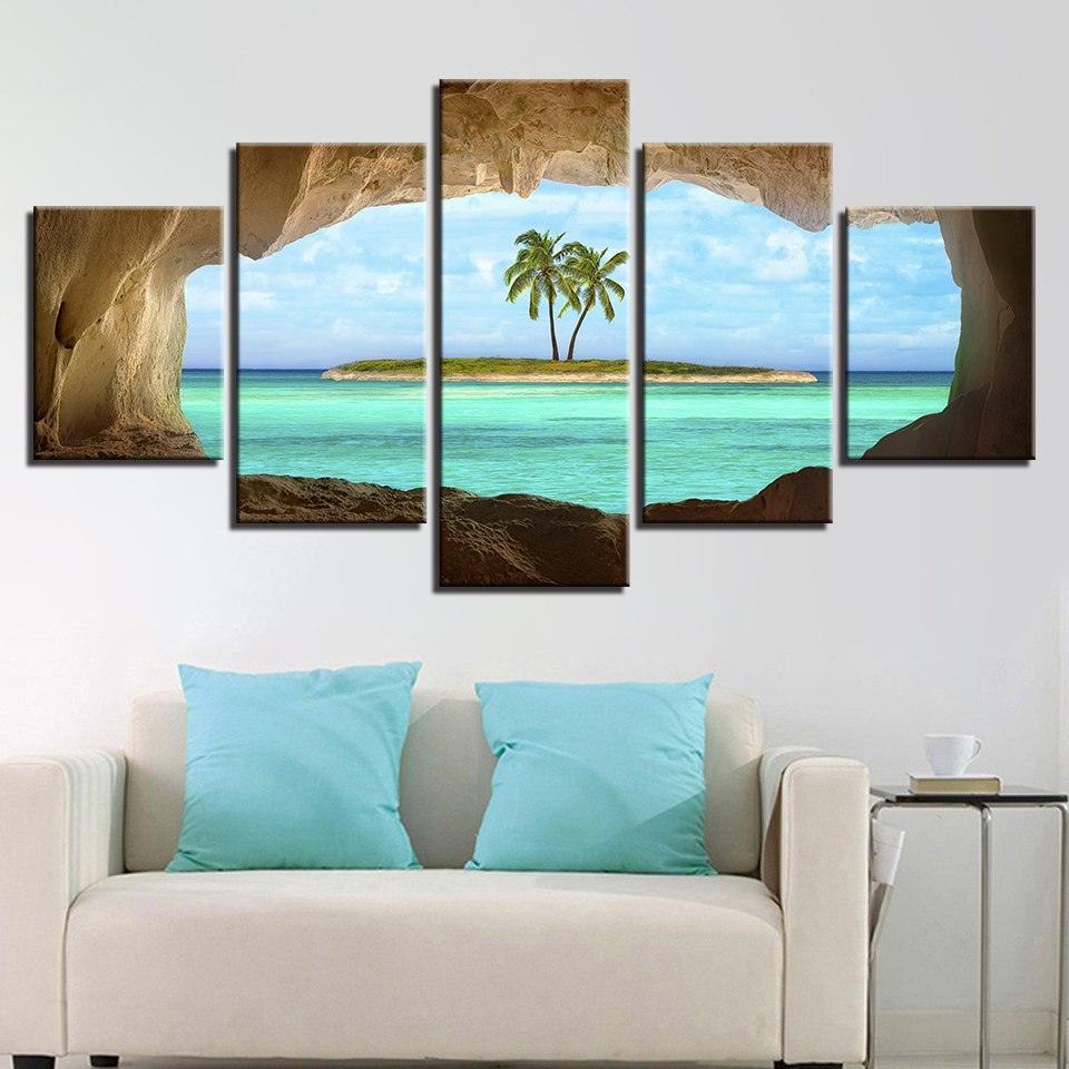 Cave View of Island 5 Piece HD Multi Panel Canvas Wall Art Frame-Original Frame
