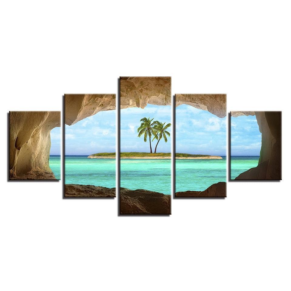Cave View of Island 5 Piece HD Multi Panel Canvas Wall Art Frame-Original Frame