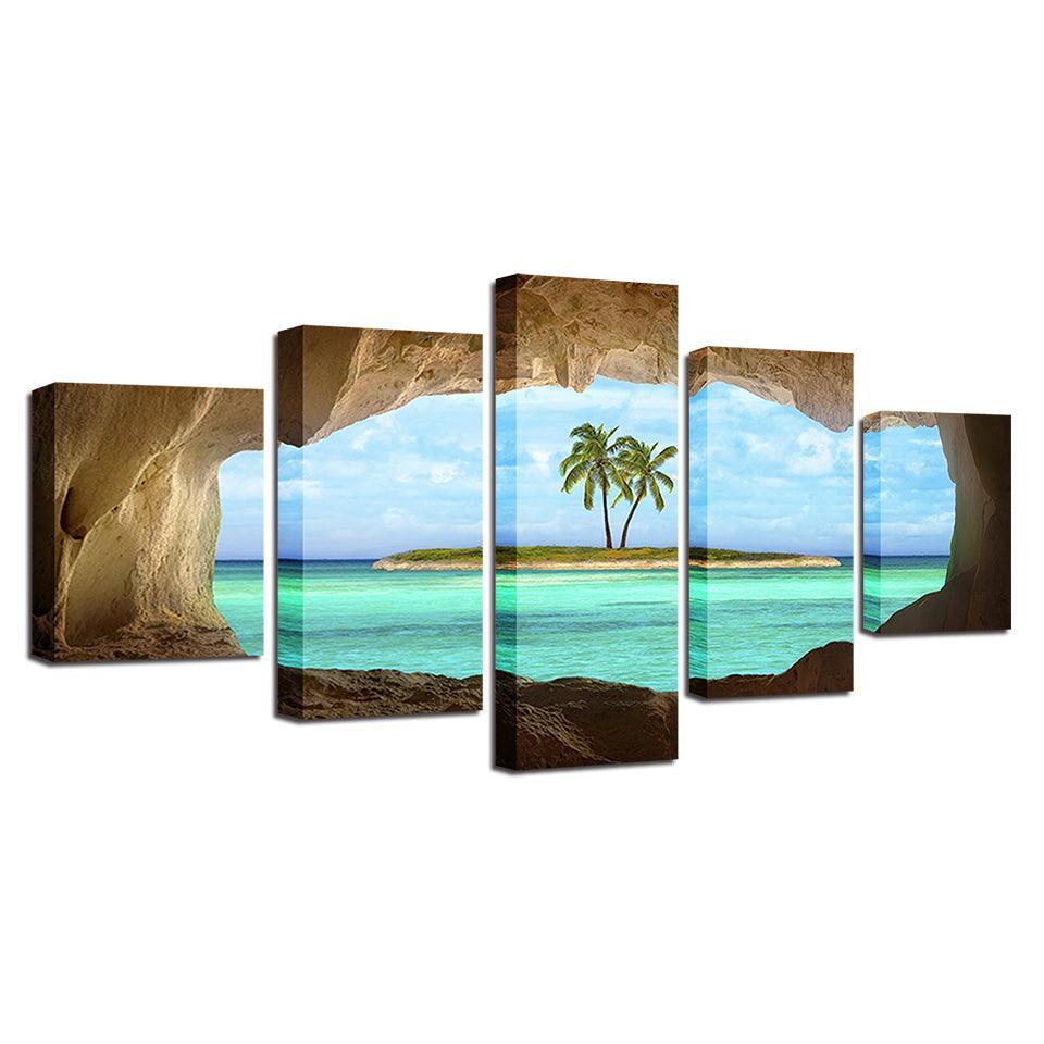Cave View of Island 5 Piece HD Multi Panel Canvas Wall Art Frame-Original Frame