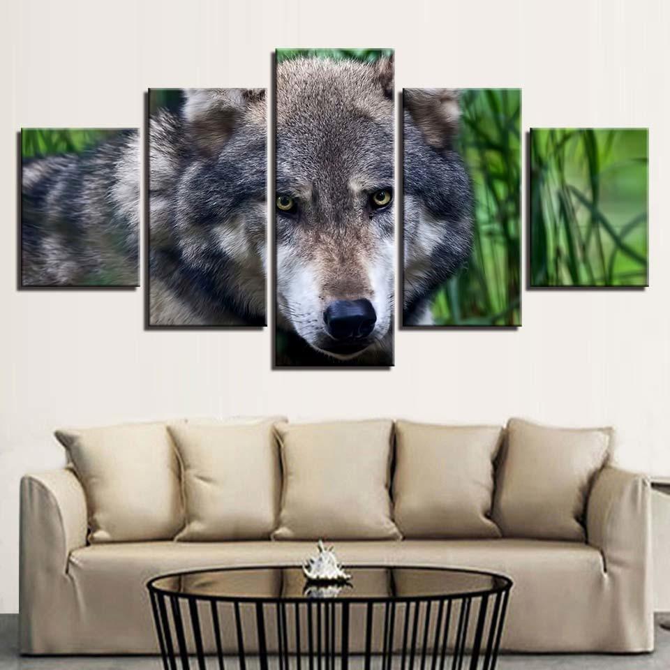 Wild Angry Wolf 5 Piece HD Multi Panel Canvas Wall Art Frame-Original Frame