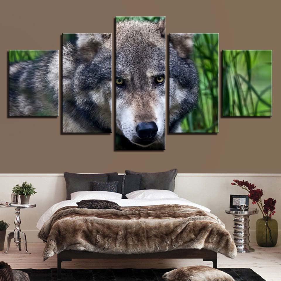 Wild Angry Wolf 5 Piece HD Multi Panel Canvas Wall Art Frame-Original Frame