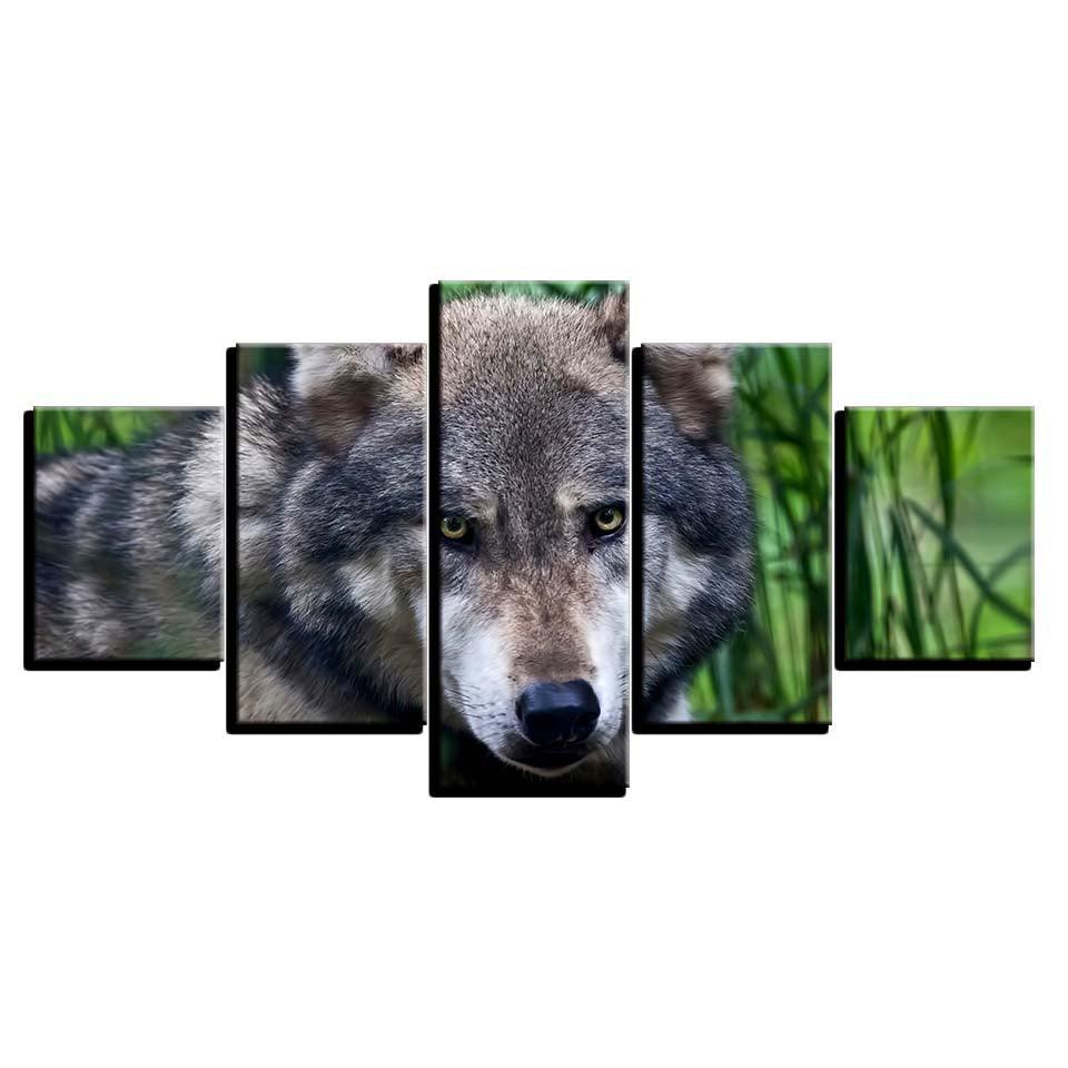 Wild Angry Wolf 5 Piece HD Multi Panel Canvas Wall Art Frame-Original Frame