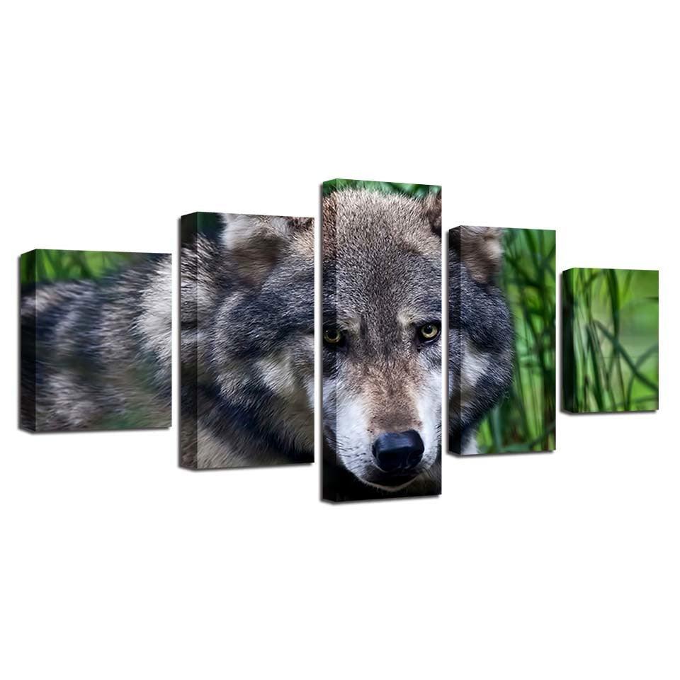 Wild Angry Wolf 5 Piece HD Multi Panel Canvas Wall Art Frame-Original Frame