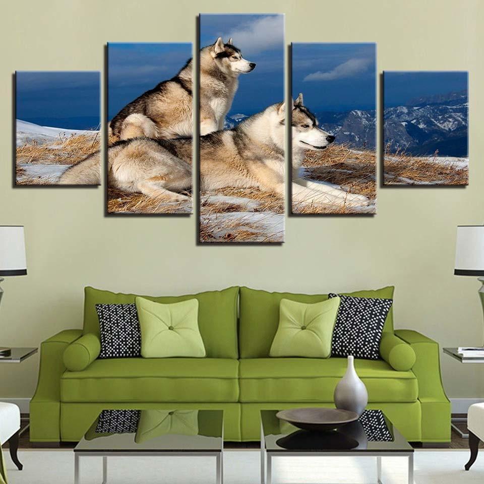 Wolf Couple 5 Piece HD Multi Panel Canvas Wall Art Frame-Original Frame