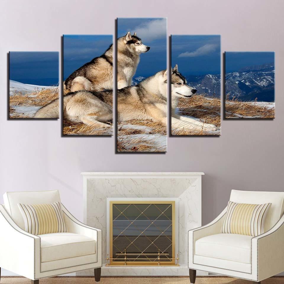 Wolf Couple 5 Piece HD Multi Panel Canvas Wall Art Frame-Original Frame