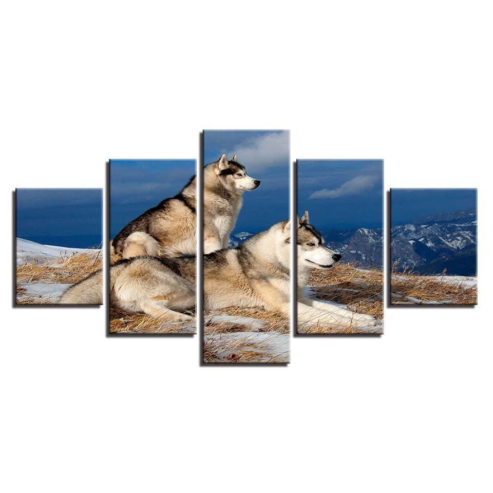 Wolf Couple 5 Piece HD Multi Panel Canvas Wall Art Frame-Original Frame