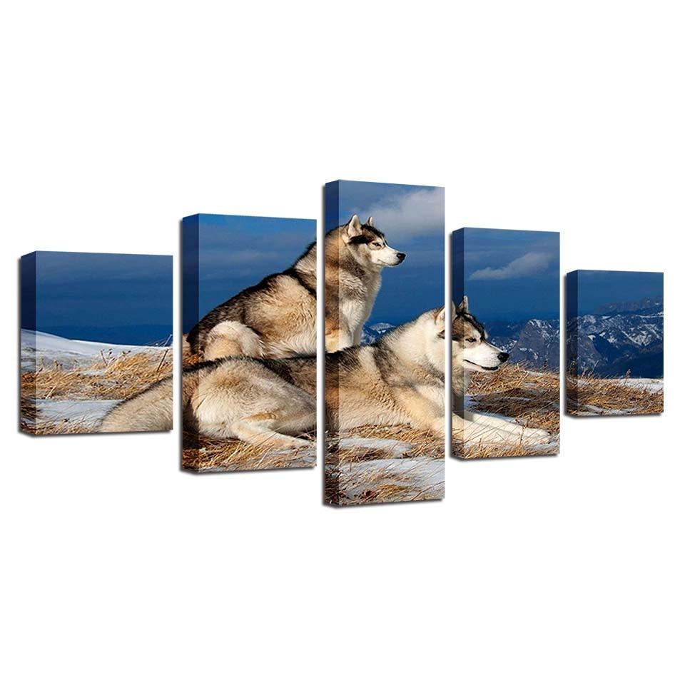 Wolf Couple 5 Piece HD Multi Panel Canvas Wall Art Frame-Original Frame