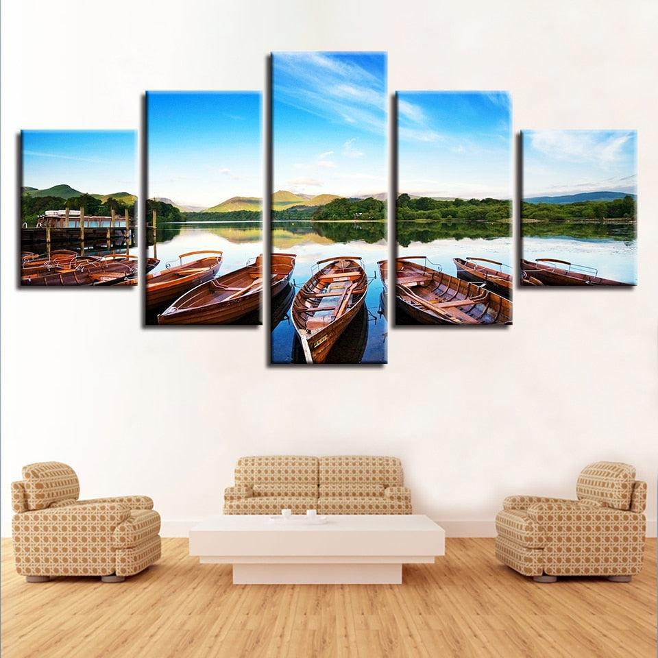 Beautiful Boats In The Lake 5 Piece HD Multi Panel Canvas Wall Art Frame-Original Frame
