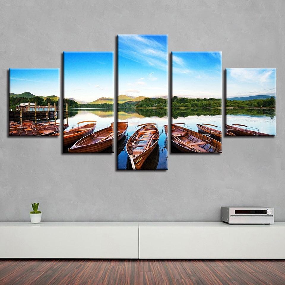 Beautiful Boats In The Lake 5 Piece HD Multi Panel Canvas Wall Art Frame-Original Frame