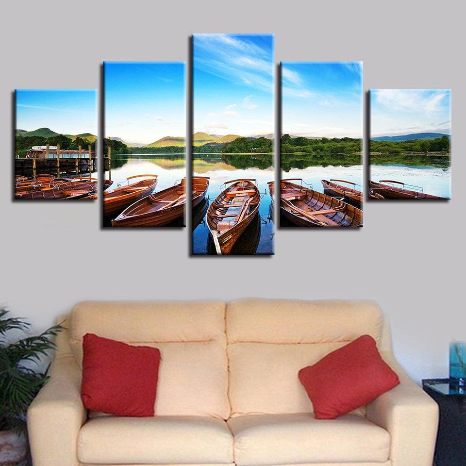 Beautiful Boats In The Lake 5 Piece HD Multi Panel Canvas Wall Art Frame-Original Frame