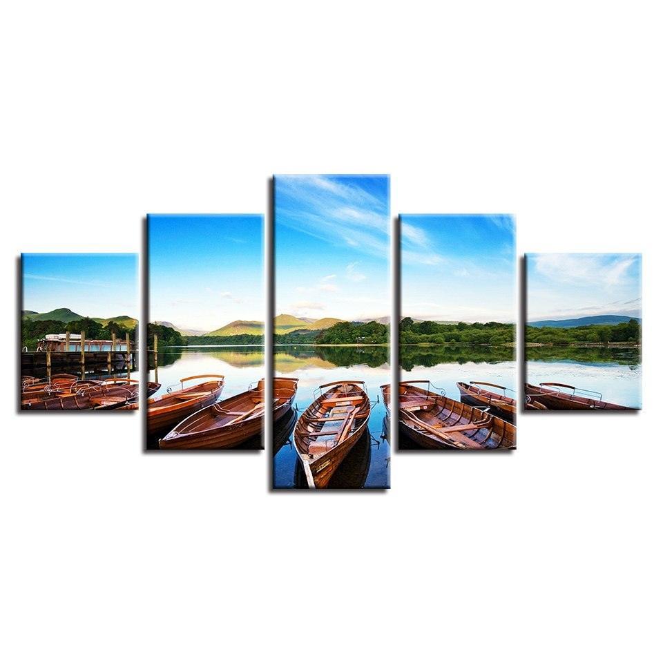 Beautiful Boats In The Lake 5 Piece HD Multi Panel Canvas Wall Art Frame-Original Frame