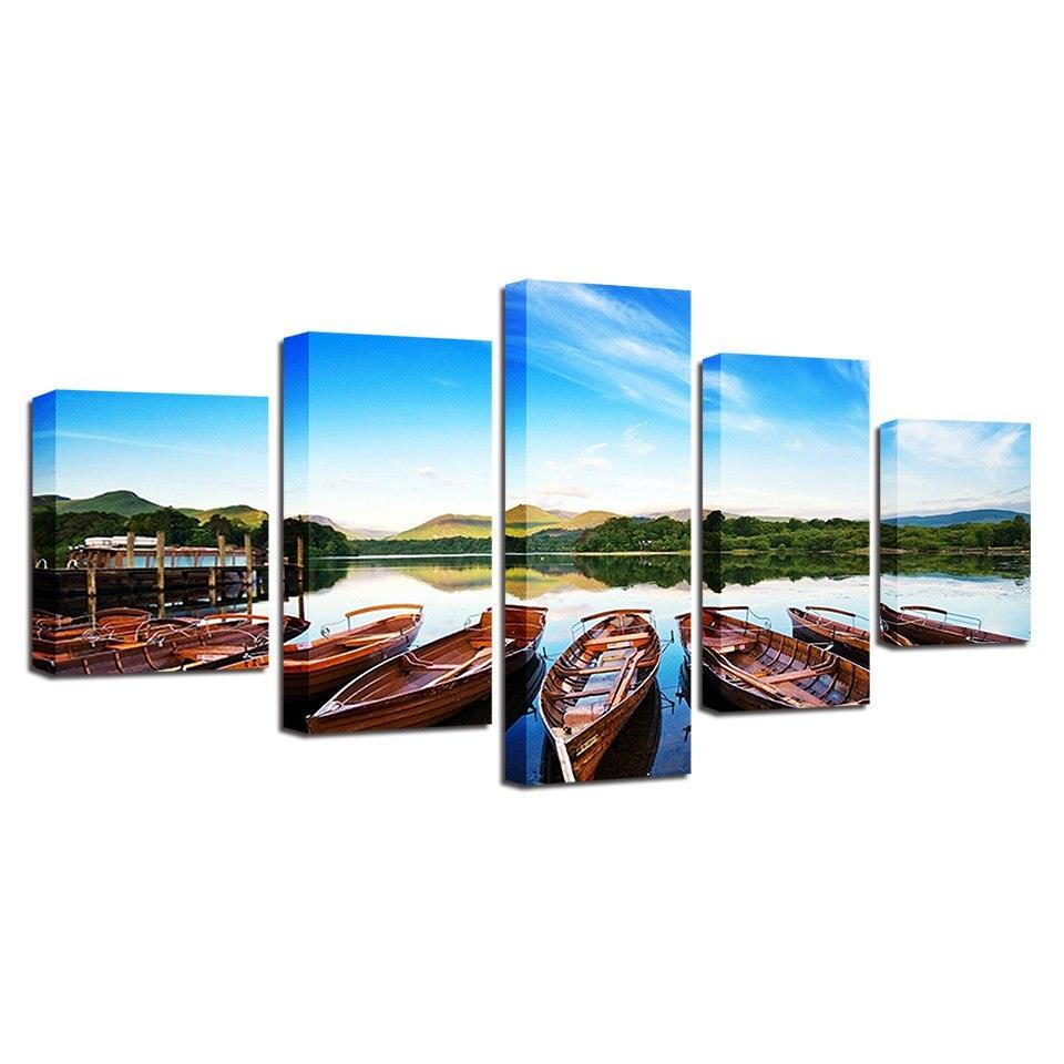 Beautiful Boats In The Lake 5 Piece HD Multi Panel Canvas Wall Art Frame-Original Frame