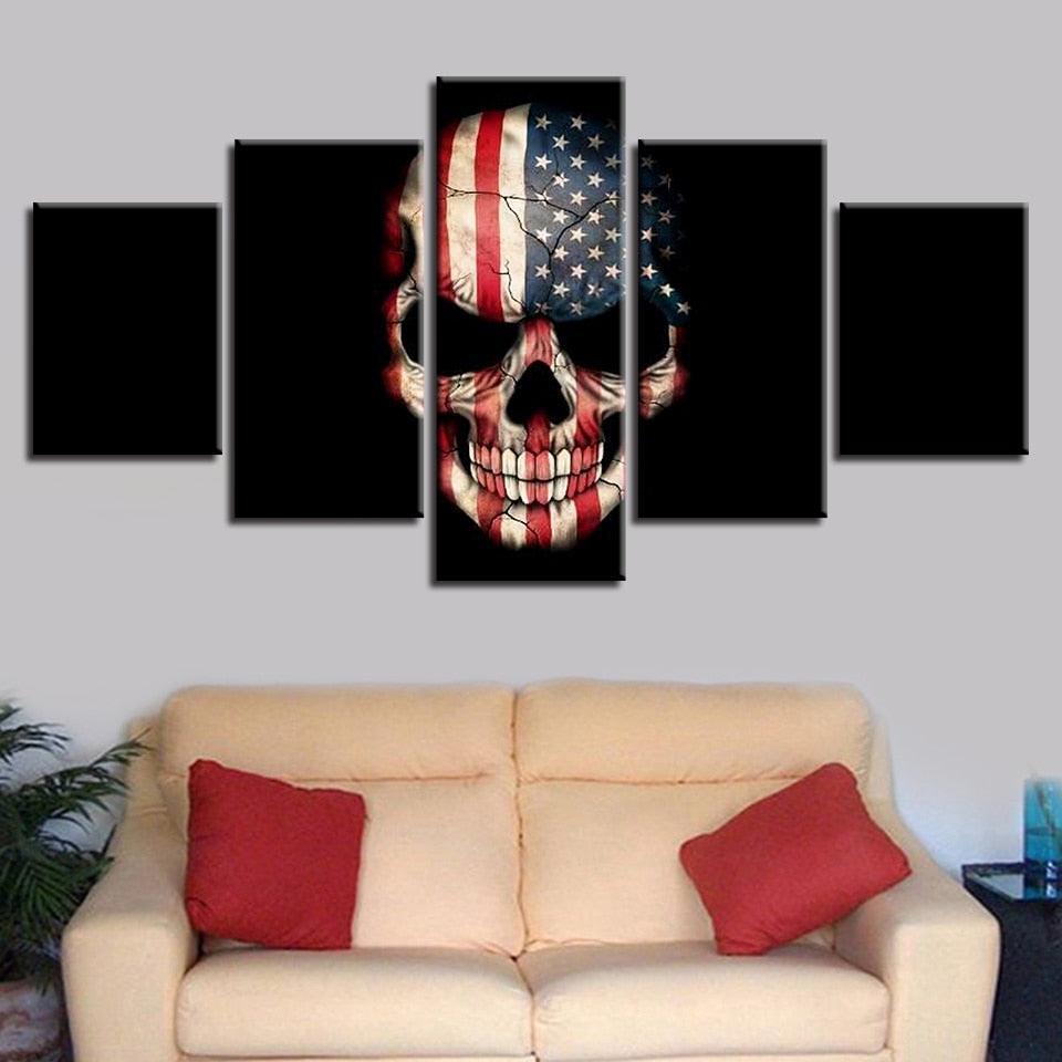 American Flag Skull 5 Piece HD Multi Panel Canvas Wall Art Frame-Original Frame
