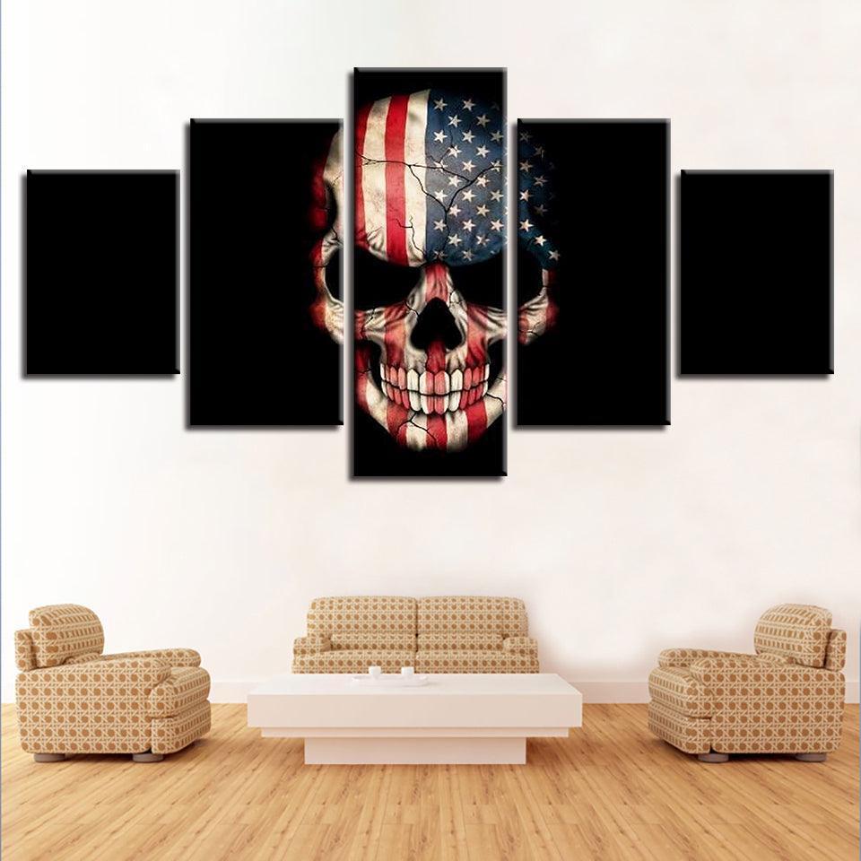American Flag Skull 5 Piece HD Multi Panel Canvas Wall Art Frame-Original Frame