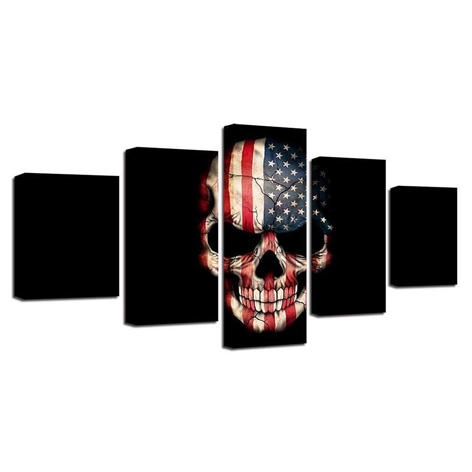 American Flag Skull 5 Piece HD Multi Panel Canvas Wall Art Frame-Original Frame