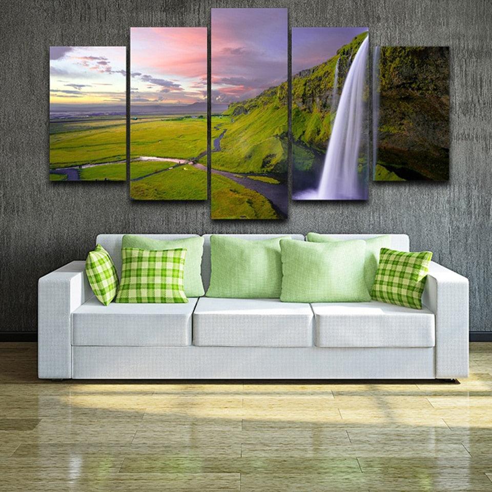 Seljalandsfoss Waterfall Landscape 5 Piece HD Multi Panel Canvas Wall Art Frame-Original Frame