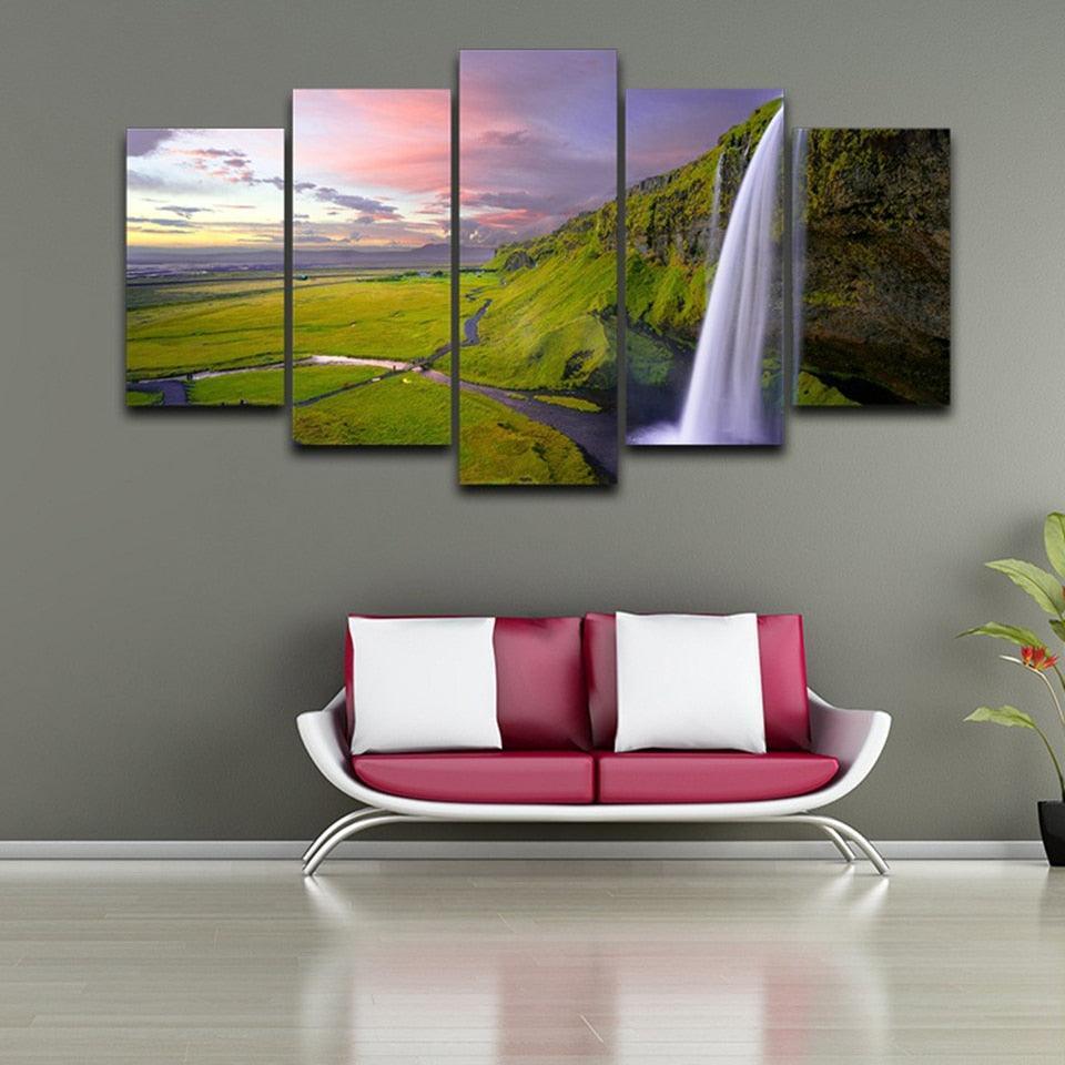 Seljalandsfoss Waterfall Landscape 5 Piece HD Multi Panel Canvas Wall Art Frame-Original Frame