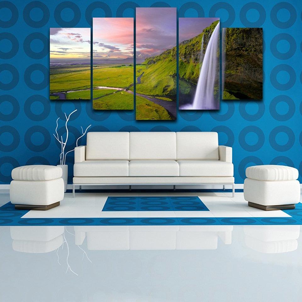 Seljalandsfoss Waterfall Landscape 5 Piece HD Multi Panel Canvas Wall Art Frame-Original Frame