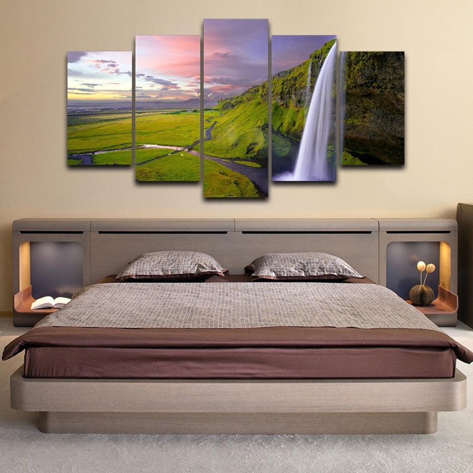Seljalandsfoss Waterfall Landscape 5 Piece HD Multi Panel Canvas Wall Art Frame-Original Frame
