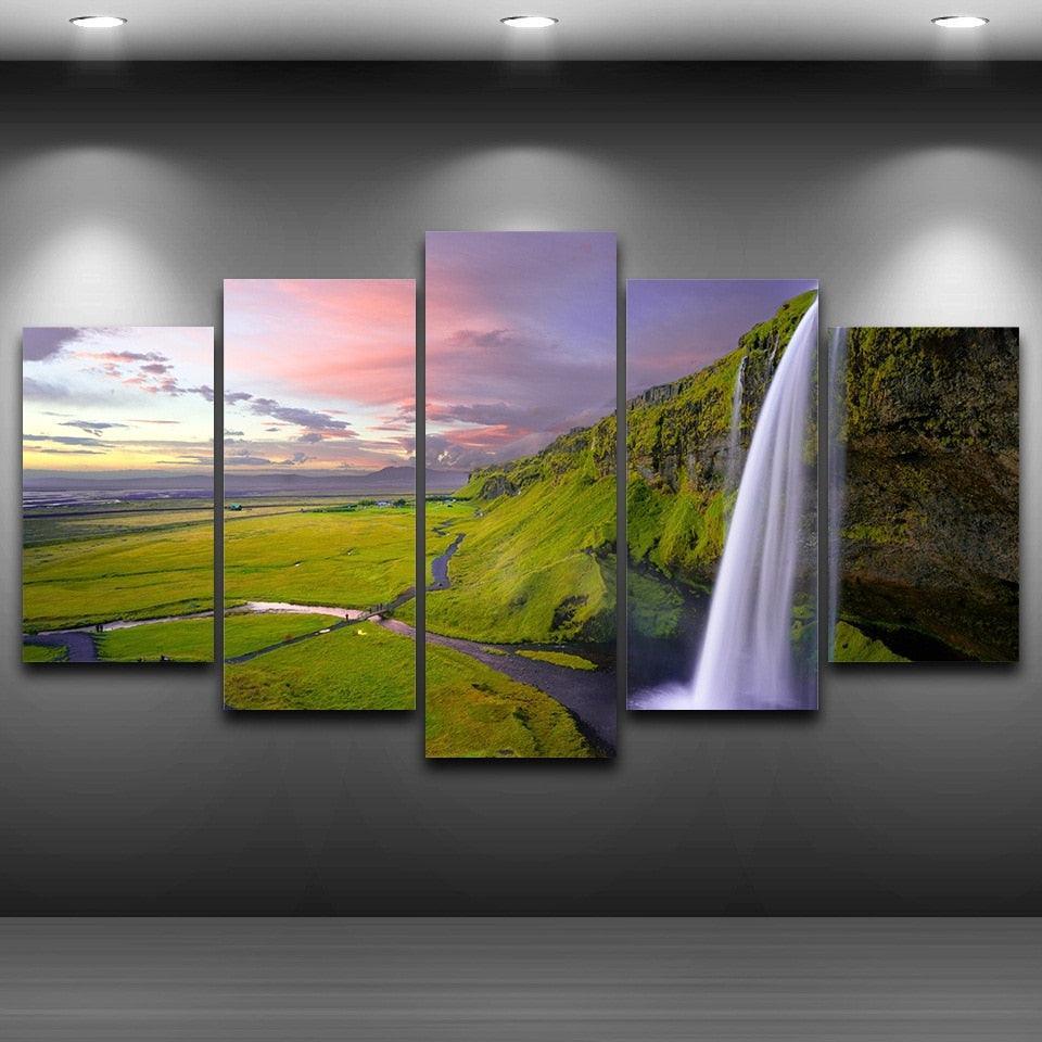 Seljalandsfoss Waterfall Landscape 5 Piece HD Multi Panel Canvas Wall Art Frame-Original Frame