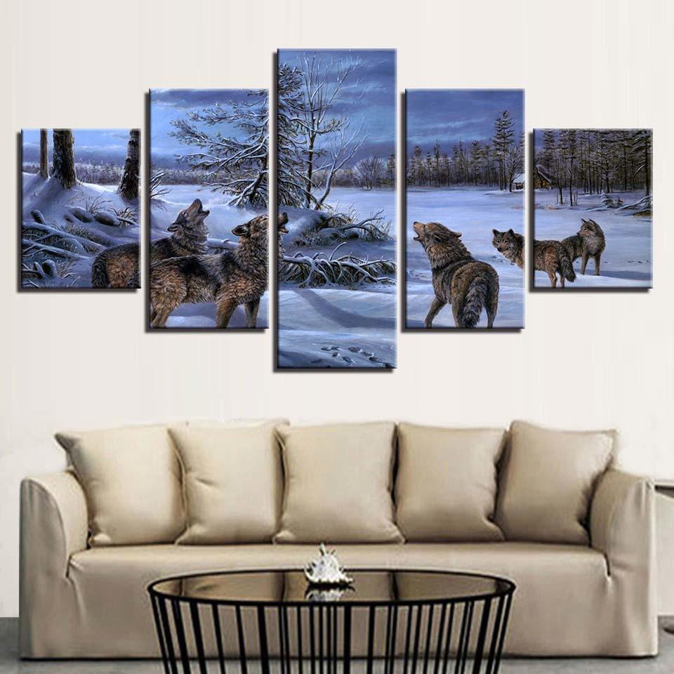 Wolves Howling 5 Piece HD Multi Panel Canvas Wall Art Frame-Original Frame