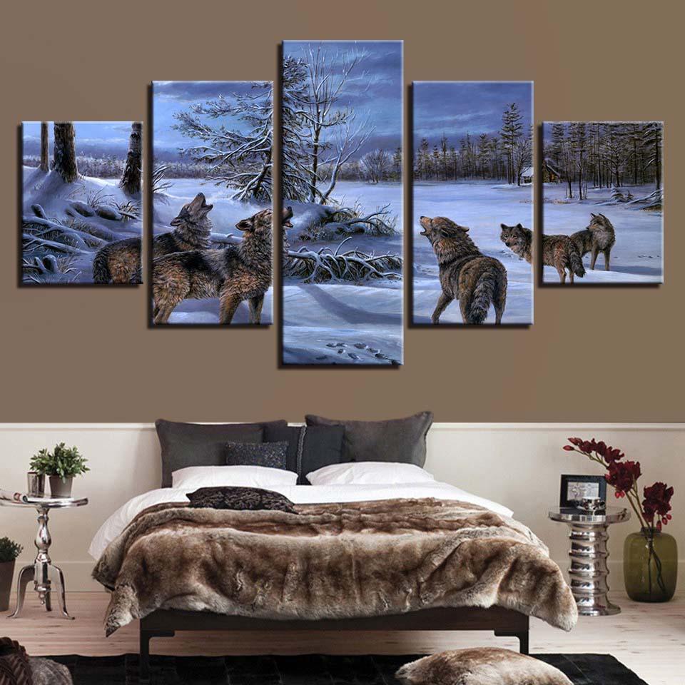 Wolves Howling 5 Piece HD Multi Panel Canvas Wall Art Frame-Original Frame