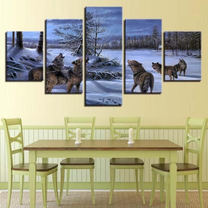 Wolves Howling 5 Piece HD Multi Panel Canvas Wall Art Frame-Original Frame