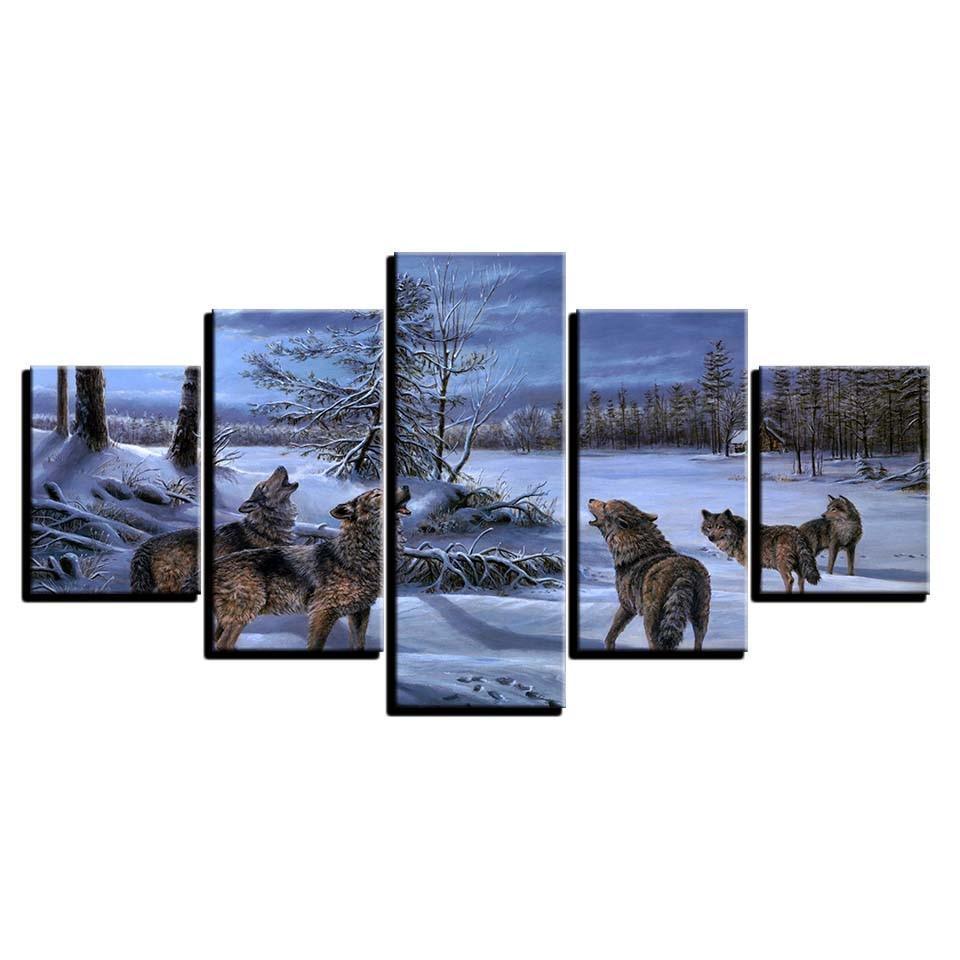 Wolves Howling 5 Piece HD Multi Panel Canvas Wall Art Frame-Original Frame