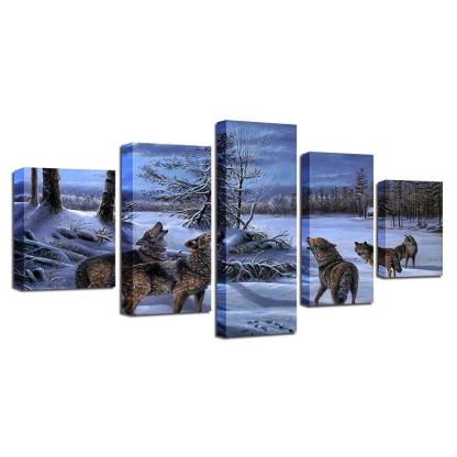 Wolves Howling 5 Piece HD Multi Panel Canvas Wall Art Frame-Original Frame