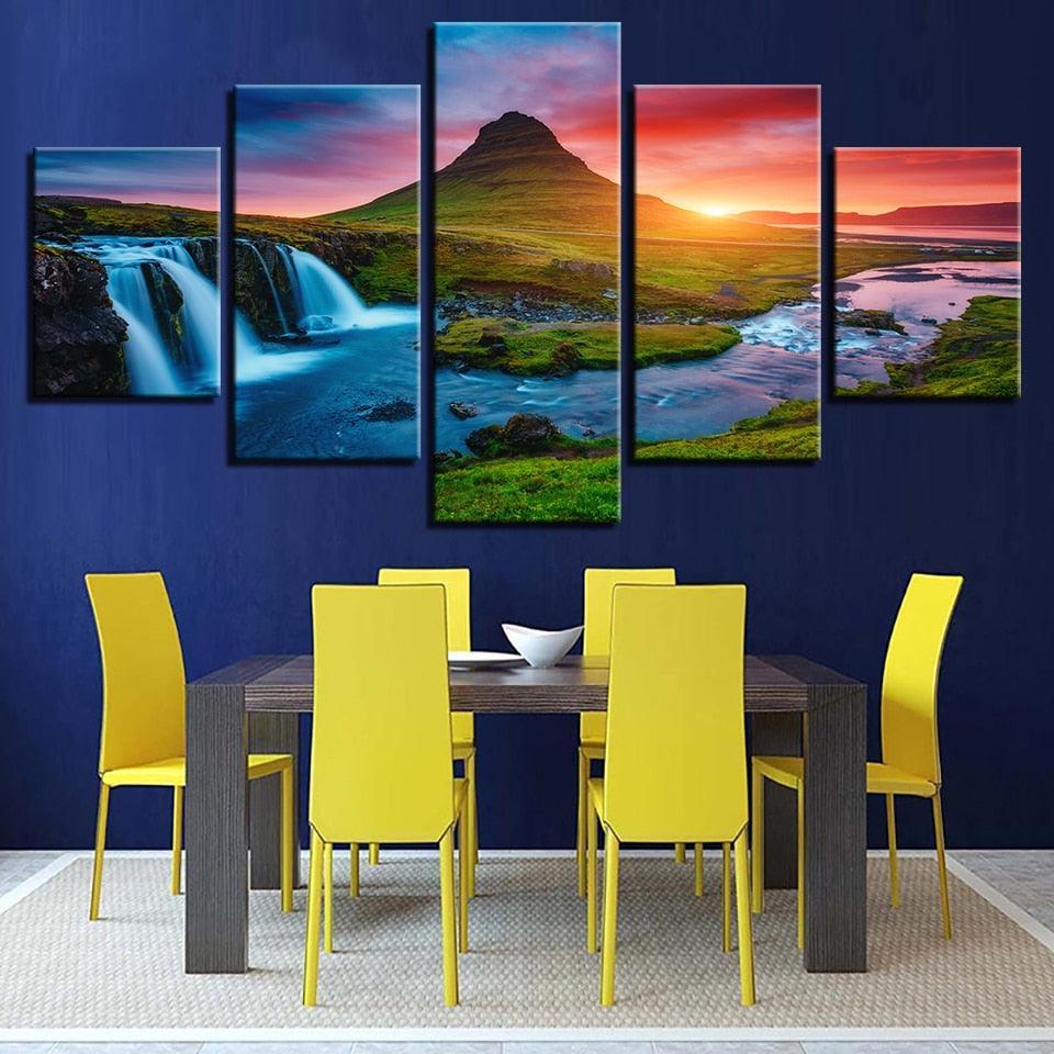 Mountain Waterfall Sunset 5 Piece HD Multi Panel Canvas Wall Art Frame-Original Frame