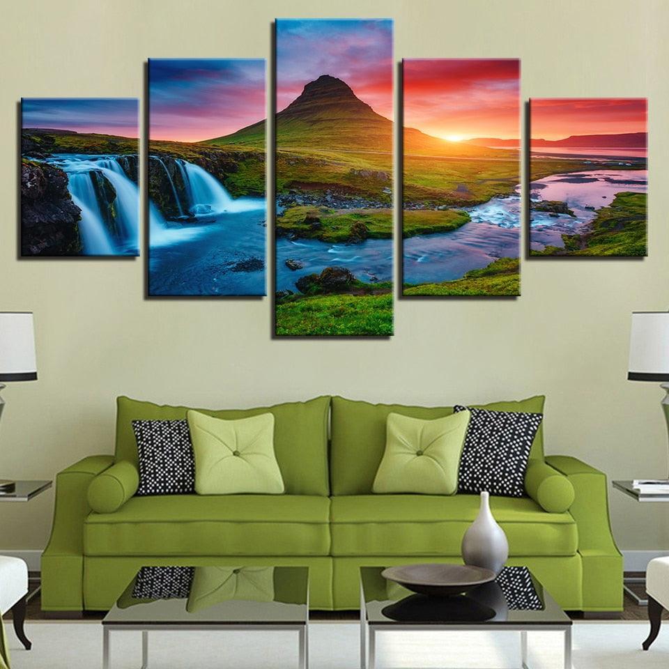 Mountain Waterfall Sunset 5 Piece HD Multi Panel Canvas Wall Art Frame-Original Frame
