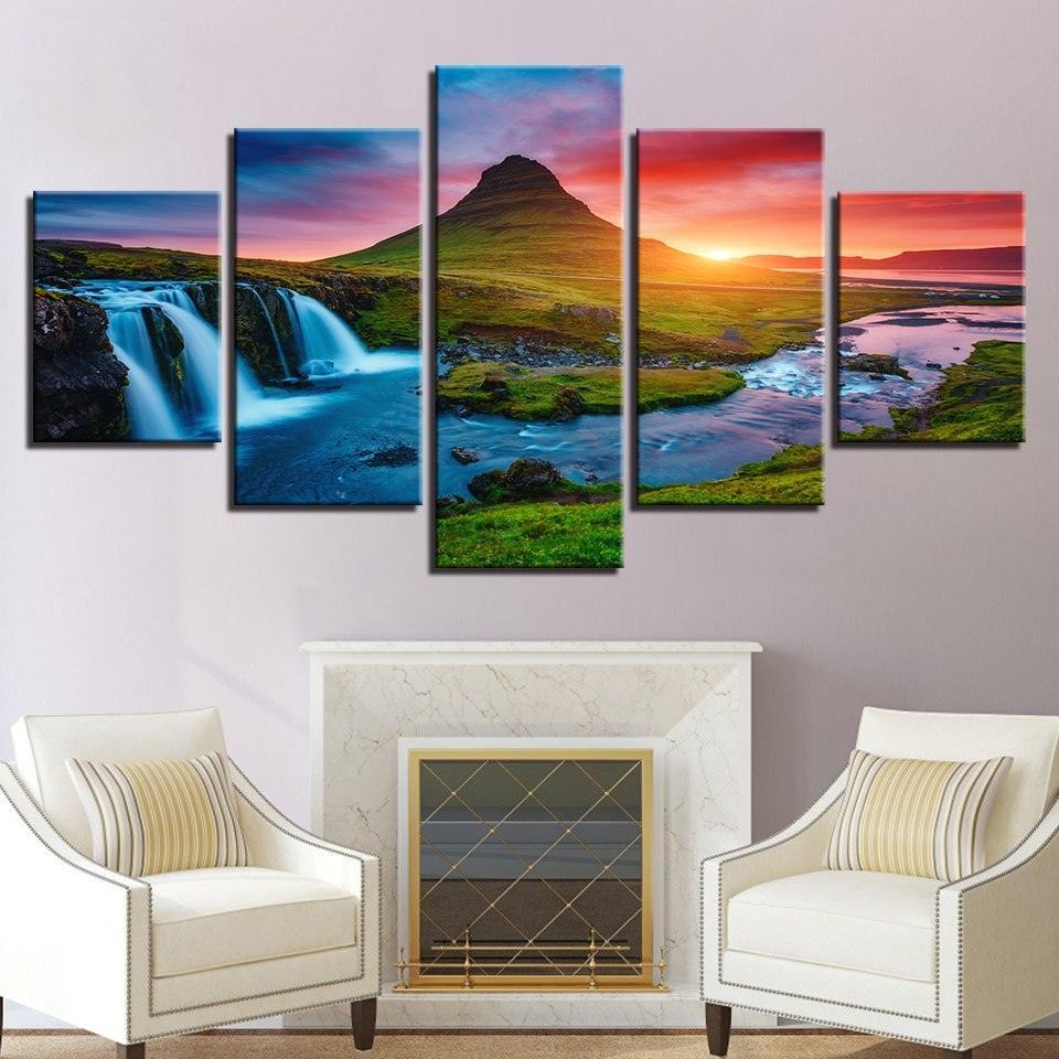 Mountain Waterfall Sunset 5 Piece HD Multi Panel Canvas Wall Art Frame-Original Frame