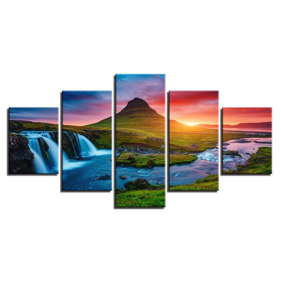 Mountain Waterfall Sunset 5 Piece HD Multi Panel Canvas Wall Art Frame-Original Frame