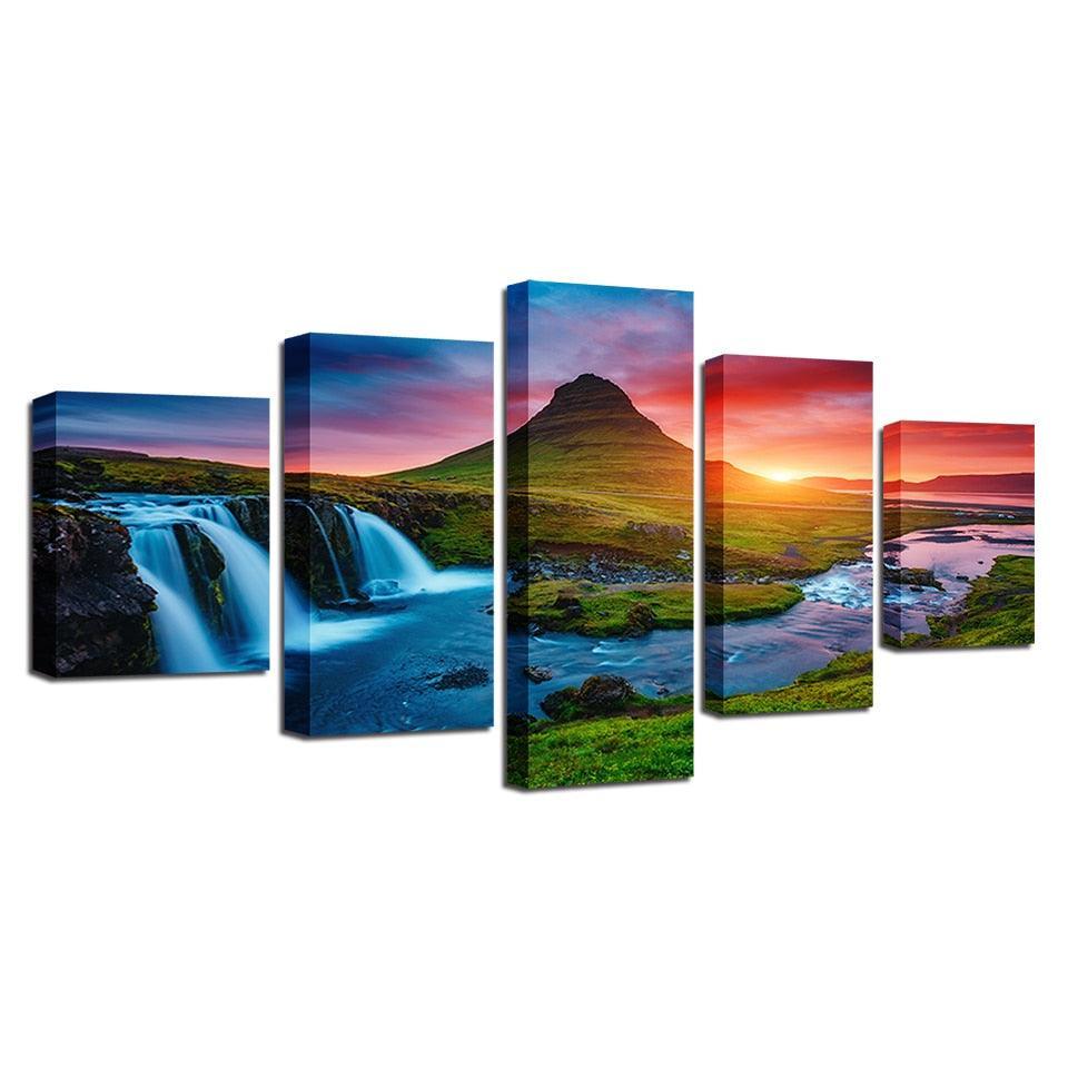Mountain Waterfall Sunset 5 Piece HD Multi Panel Canvas Wall Art Frame-Original Frame
