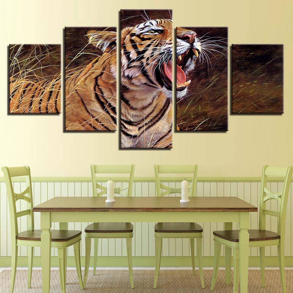 Tiger Yawning 5 Piece HD Multi Panel Canvas Wall Art Frame-Original Frame