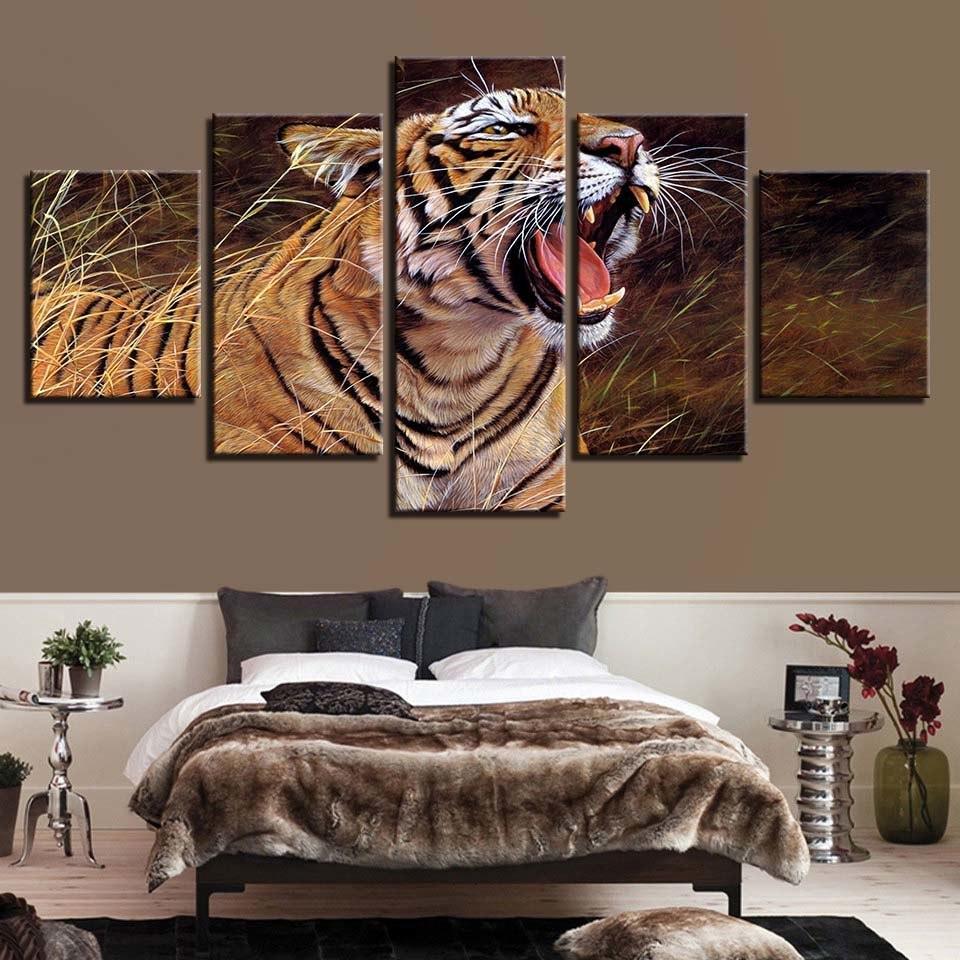 Tiger Yawning 5 Piece HD Multi Panel Canvas Wall Art Frame-Original Frame