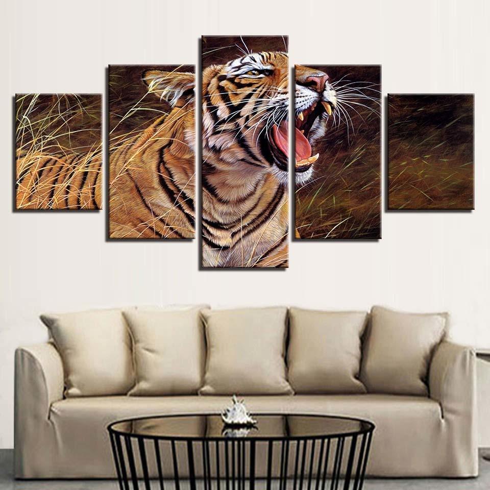Tiger Yawning 5 Piece HD Multi Panel Canvas Wall Art Frame-Original Frame