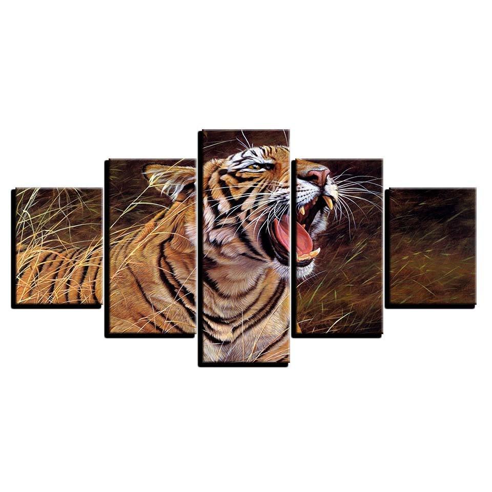 Tiger Yawning 5 Piece HD Multi Panel Canvas Wall Art Frame-Original Frame