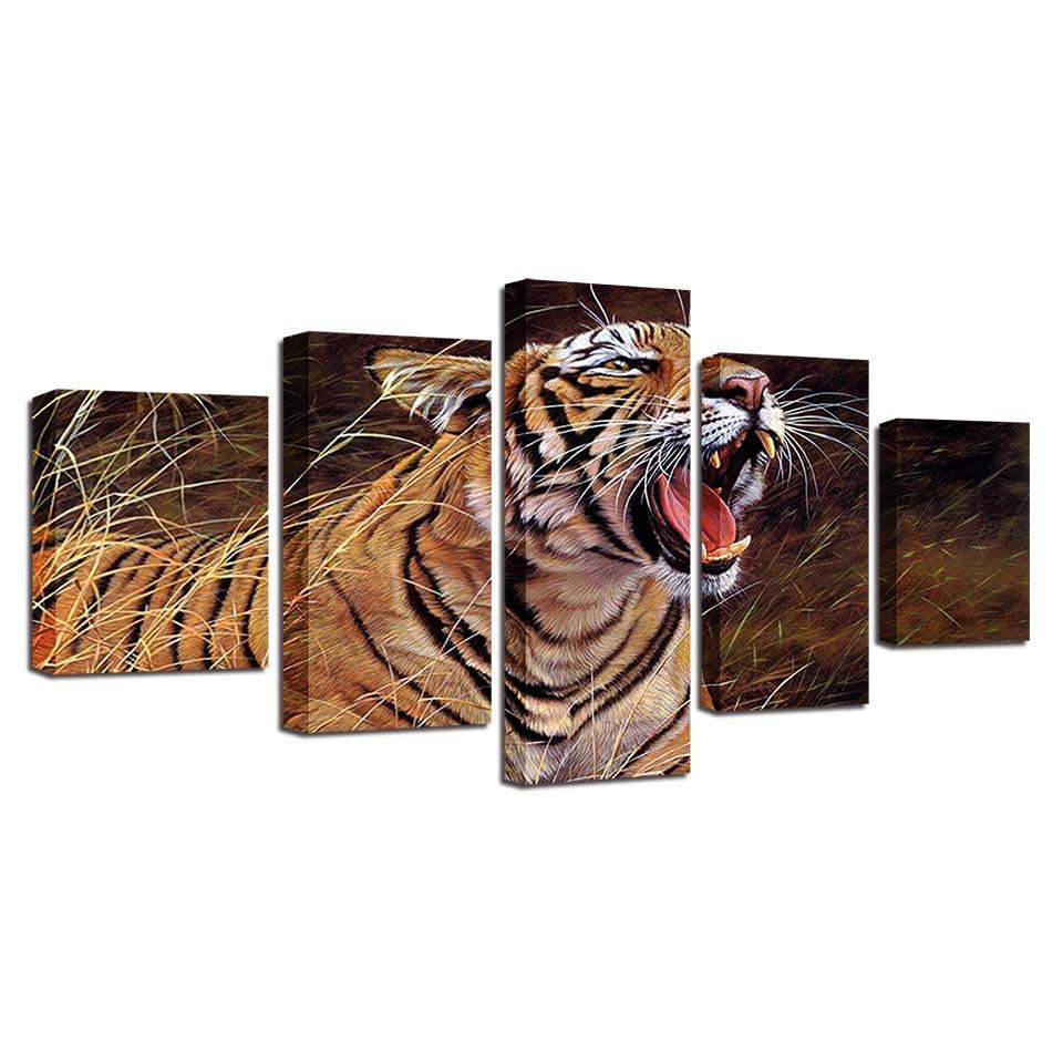 Tiger Yawning 5 Piece HD Multi Panel Canvas Wall Art Frame-Original Frame