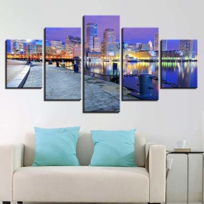 City Building Night View 5 Piece HD Multi Panel Canvas Wall Art Frame-Original Frame